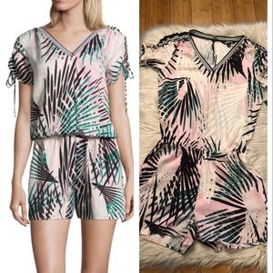 Project Runway Palm Leaves Abstract Print V-neck Pink Green Women Romper size XS